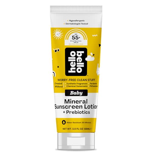 Hello Bello Mineral SPF 55 Sunscreen Lotion with Prebiotics, Water Resistant and Reef Friendly Sun Protection for Babies and Kids, 3 fl oz (Pack of 1)