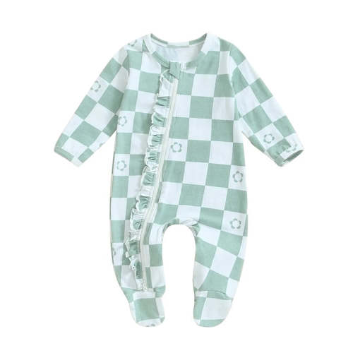 Baby Girls Footie Long Sleeve Crew Neck Zip Closure Checker Flower Pri – August + Willow