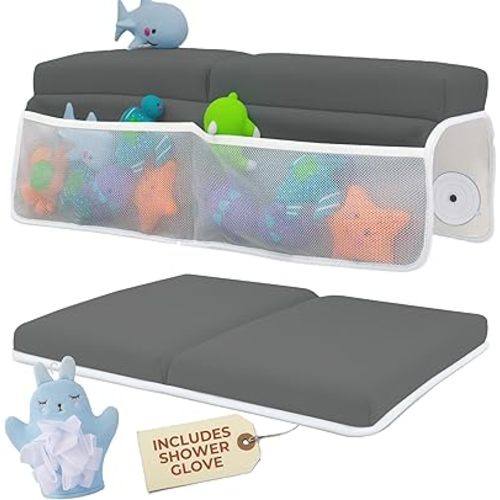 Comfortable Baby Bath Kneeler and Elbow Rest Pad Set with Blue Cloth Glove - Thick, Non-Slip, Memory Foam Kneeling Pad for Bathing Baby with Toy Storage Pockets - Easy Clean and Durable - Dark Grey