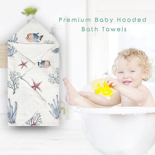 Organic Cotton Baby Bath Towel with Ultra Soft Muslin and Absorbent Flannel Lining Hooded Baby Towel, Breathable, and Perfect for Boys and Girls, (30x30 inches, Ocean Pattern)