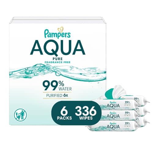 Pampers Aqua Pure Baby Wipes, 99% Water, Fragrance Free, 336 Baby Wipes Total (6X Flip-Top Packs) [Packaging May Vary]
