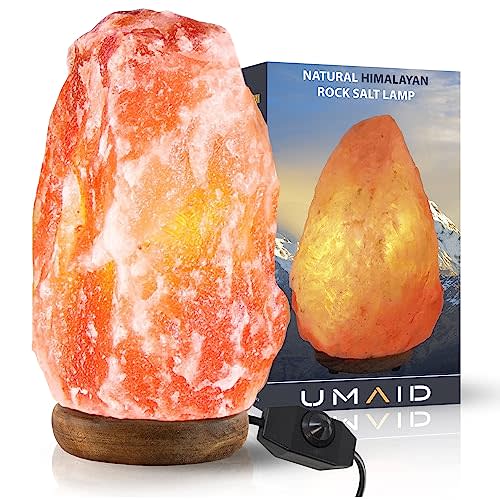 UMAID Himalayan Salt Lamp 8-10 inch (7-11 lb) with Dimmable Switch and Night Light Bulb on Handcrafted Wooden Base, Natural Pink Rock Salt Lamp