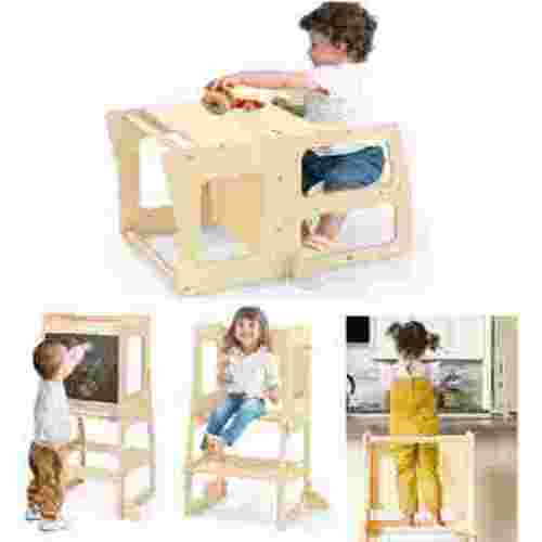 OLAKIDS Kids Table and Chair Set, 4 in 1 Foldable Wooden Activity Table with Blackboard Easel, Montessori Step Stool Table and Chair Set, Toddler Furniture Table for Playing Drawing Reading or Eating