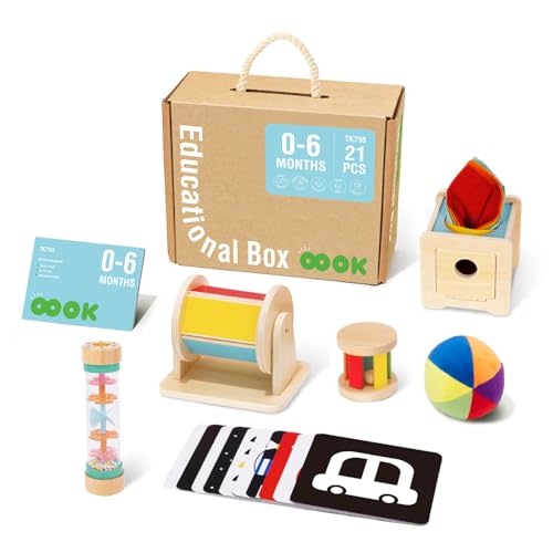 TOOKYLAND Montessori Toys for Babies 0-6 Months, 6 in 1 Learning Educational Set Newborn Toys Including Sensory Ball, Rain Stick, Baby Roller, Spinning Drum, Black and White Cards, Tissue Box