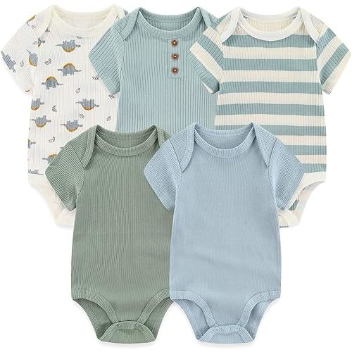 MAMIMAKA Newborn Baby Short Sleeve Bodysuit Cotton One-Piece Baby Clothes 5-Pack, 0-12 Months