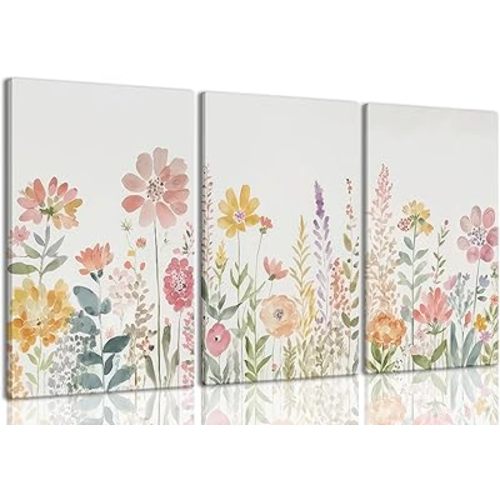 ZQARTZZQ Framed Colorful Wildflower Canvas Wall Art, Floral Wall Art, Watercolor Flower Wall Decor Flowers Pictures Prints Floral Painting Set of 3 for Living Room Girls Bedroom Bathroom 16x24in