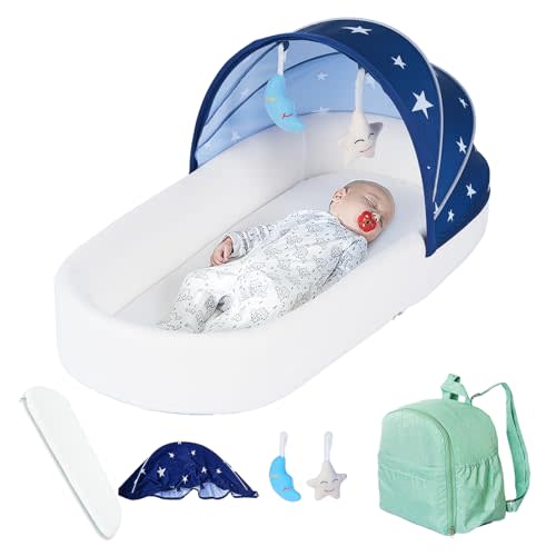Portable Newborn Nest Lounger-Travel Bassinet,with Canopy & Mosquito Net-Lightweight, Foldable Backpack-Friendly Infant Cot for 0-12 Months,Cotton Cover & Supportive Mattress Washable and Toys (Blue)