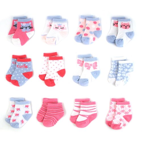 Rising Star Baby Girls Assorted Color Designs 12 Pair Socks Set, Age 0-6 Months