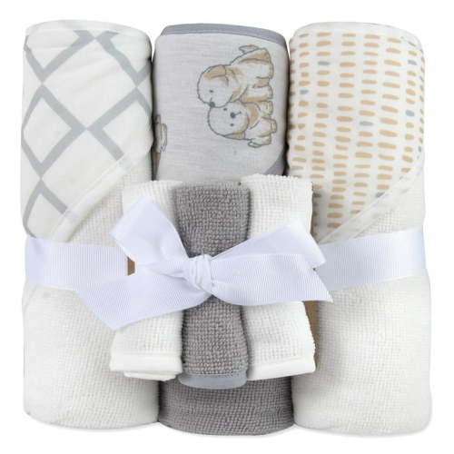 Baby Essentials 6 Piece Printed Hooded Bath Towel and Washcloth Set for Infant, Newborns and Toddlers 3 – 24 Months for Bath Time, Showers, Lounge, Beach and Pool in Puppies & Prints