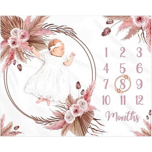 Floral Boho Baby Monthly Milestone Blanket Little Girl Bohemian Photo Prop Blanket Personalized Bliss Baby Present Pampas Grass Ideas for Newborn Princess Pinkk Nursery Décor 40" X 50"
