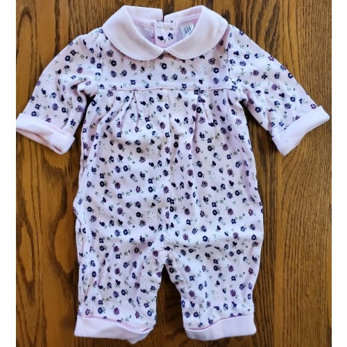 BABY GAP 3M GIRLS ROMPER PINK w PURPLE &GRAY FLORALS LNG SLV COLLAR CUFFS COTTON