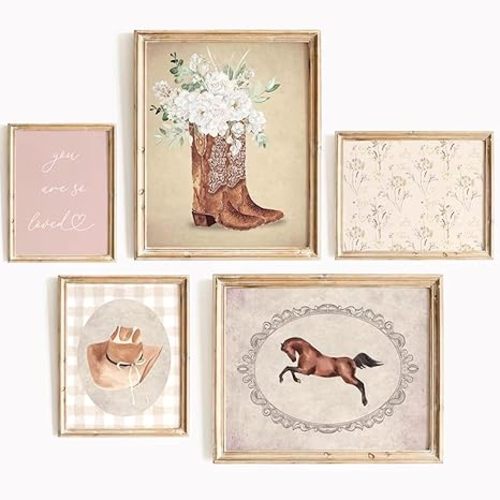 Tocliky Cowgirl Nursery Wall Art Coquette Western Girl Poster Vintage Horse Floral Canvas Pictures Aesthetic Pink Preppy Room Wall Decor Rustic Cowgirl Prints for Girls Bedroom 8x10x5 Inch Unframed