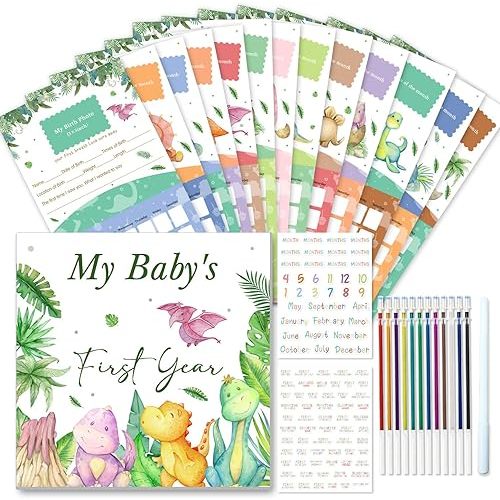 Dinosaur Baby’s First Year Calendar with Stickers,Baby Shower Decorations,Milestone Calendar,Baby First Year Tracker & Monthly Memory Book,Dino Theme Babies Keepsake for Recording Milestones for Boys