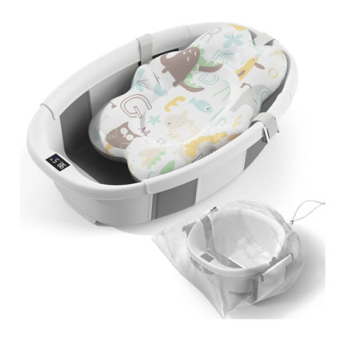 Collapsible Baby Bathtub - Large Baby Bath Tub with Thermometer & Cushion | Travel Portable Newborn Infant Bathtub | Foldable Toddler Bathtub for Baby 0 to 36 Months (Grey)