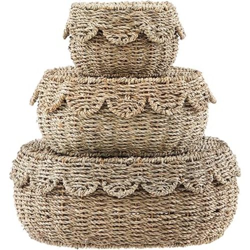 Set of 3 Scalloped Baskets with Lids 10/13/14 Inch Hand Woven Storage Wicker Baskets for Baby Shower Gifts Baby Diaper Caddy Organizer for Nursery Room(Sea Grass)