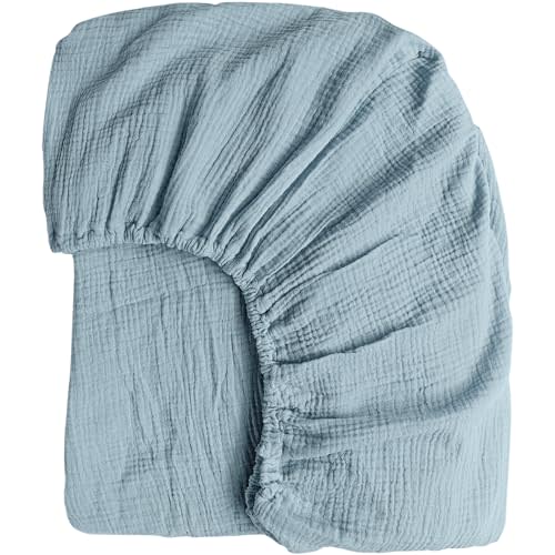 Konssy Muslin Fitted Crib Sheets 100% Cotton Baby Crib Sheets for Standard Crib Mattress (28 X 52 Inches), Soft and Breathable for Boy, Girl (Blue)
