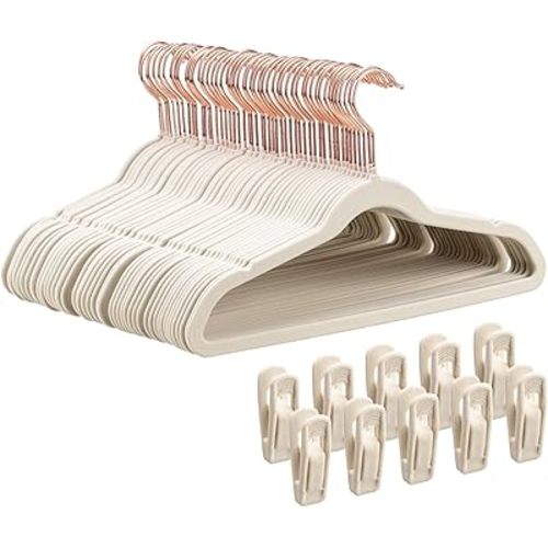 Kids Velvet Hangers 50 Pack - 14" Inch Premium Non Slip Baby Felt Hangers for Clothes - Ultra Thin Kids Hangers for Youth Childrens' Closet with 10 Hanger Clips - Beige