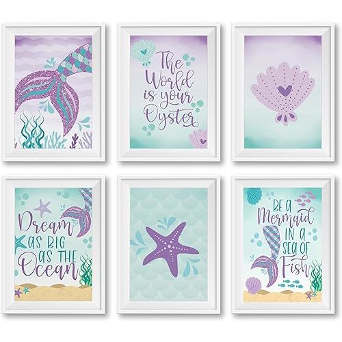 Hadley Designs 6 Reversible 8x10 Mermaid Decor Prints, Mermaid Room Decor for Girls Bedroom, Under The Sea Decorations For Girls Bedroom Posters, Unframed Mermaid Bathroom Decor Wall Art Prints