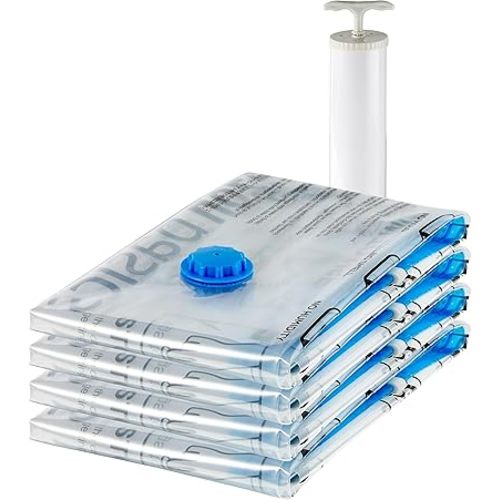 Amazon Basics Vacuum Compression Space Saver Zipper Storage Bags with Hand Pump, for Travel, X-Jumbo - Pack of 4