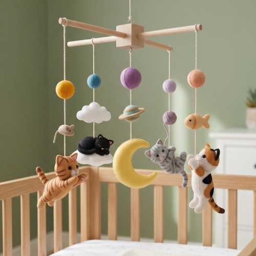 Cat Baby Mobile Felt Crib Mobile, Kitten Nursery Decor, Handmade Felt Mobile, Moon Star Baby Mobile, Neutral Nursery Gift, Gift Idea, Best