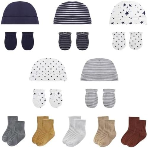 Baby Boy Girl Cotton Hat Mitten Sock Set 15 Pack Infant Essential Accessories for 0-6 Months