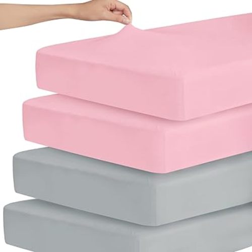 Stretchy Crib Sheets for Boys or Girls, 4 Pack Baby Crib Sheets Fitted for Standard Crib and Toddler Mattress 52" x 28", Soft and Breathable Fitted Crib Sheets Neutral, Grey & Pink