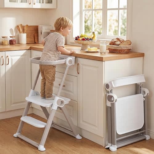 Cowiewie Toddler Tower, Foldable Adjustable Kitchen Step Stool, Montessori Learning Helper for Sink & Counter, Ages 18 Months to 4 Years, CPC Certified, White
