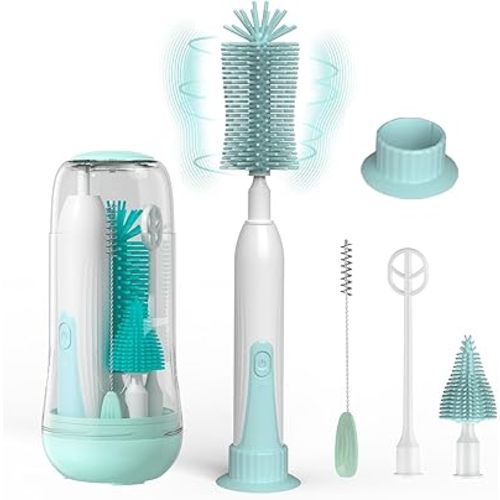 Automatic Rotate Electric Bottle Brush: Silicone Portable Bottle Cleaning - Powered Baby Bottle Cleaner - Mutilife Travel Waterproof Bottle Washer Set - Green (HW-NPS01-G)