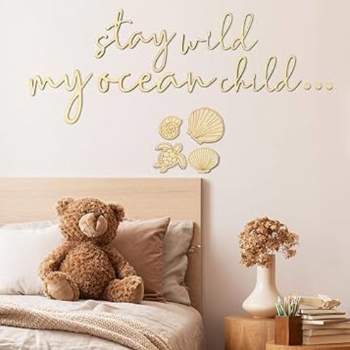 9 Pieces Stay Wild My Ocean Child Wall Decor Boho Nursery Wall Art Neutral Wooden Ocean Wall Decor Baby Sea Turtle Wall Art for Playroom Nursery Children Baby Boys and Girls Bedroom