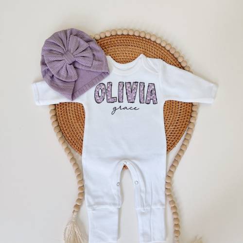 Going Home Outfit, Personalized Purple Romper, Baby Girl Coming Home Outfit, Baby Romper Hat Set, Baby Shower Gift, Lavender Baby Romper,