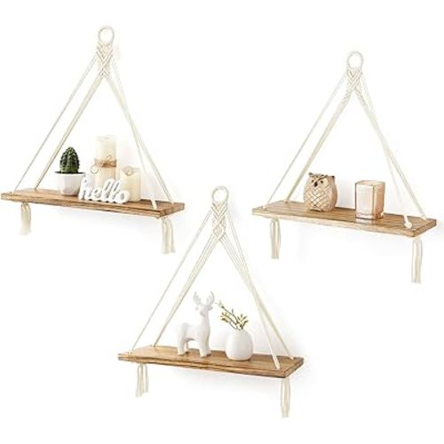 Mkono Macrame Hanging Shelves Boho Wall Decor Set of 3 Rustic Wood Floating Storage Shelf for Bedroom Bathroom Living Room Nursery Dorm Room, Display Shelving for Hanging Plants Photos