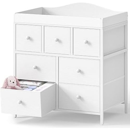 BOLUO Changing Table Dresser with 7 Fabric Drawers, Baby Dresser with Changing Table Top Diaper Changing Station with Storage for Nursery Modern