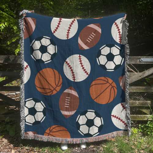 Sports Theme Woven Blanket, Navy Blue Throw for Baby Nursery, Man Cave, Baby Shower Gift, Teen Boy Room Bedding, Basketball Soccer Football