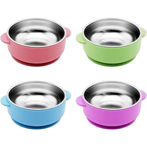 4 Pack 304 Stainless Steel Baby Bowls with Suction & Removable Non-Slip Silicone Shell, Anti-Scald Snack Bowls for Toddlers & Kids Feeding – BPA-Free, Easy to Clean (4 Colors)