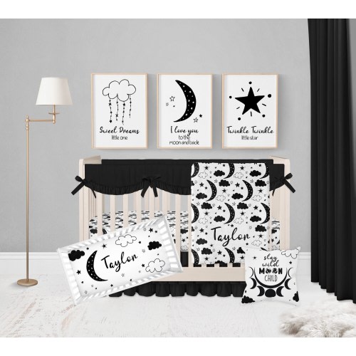 Moon and Stars Crib Bedding Set, Gender Neutral Crib Bedding, Clouds, Boy Crib Bedding, Baby Girl, Crib Sheets, Black And White Crib Bedding