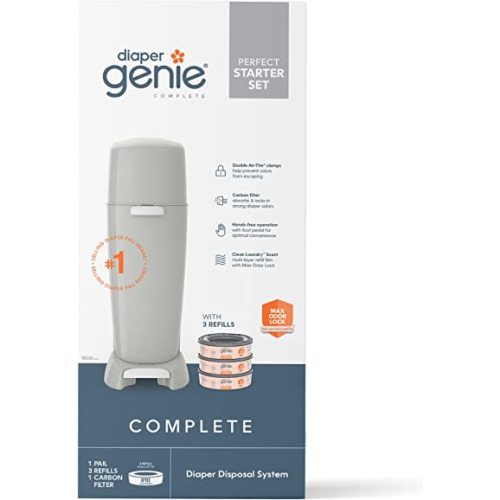 Diaper Genie Complete Diaper Pail (Grey) with Odor Control | Includes 1 Diaper Trash Can, 3 Refill Bags, 1 Carbon Filter, 4 Piece Set