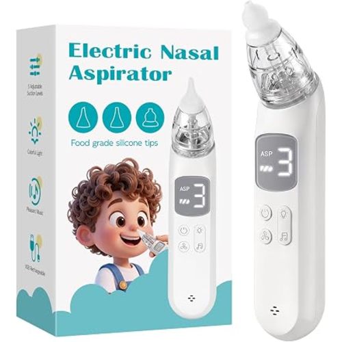 Baby Electric Nasal Aspirator, 3 Suction Levels, 3 Interchangeable Silicone Tips, Music & Light
