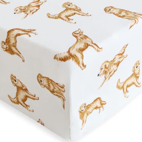 LifeTree Crib Sheets for Baby, Muslin Fitted Crib Sheets Neutral Boys Girls - Toddler Bed Sheet Fits Standard Crib, 70% Viscose from Bamboo and 30% Cotton, GoldenRetriever Pattern, 28in x 52in