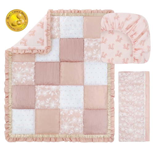 The Peanutshell 3-Piece Crib Bedding Set for Girls – Fitted Sheet, Dust Ruffle, Comforter – Pink Floral Nursery Decor, Grace