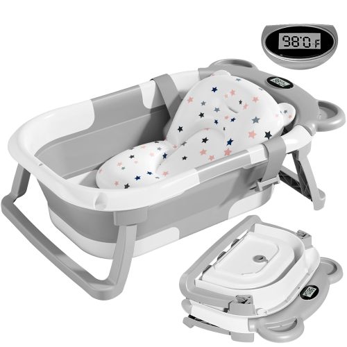 Collapsible Baby Bathtub for Infants to Toddler with Real-time Temp Monitor+Floating Cushion,Foldable Baby Bath Tub Set Applicable 0-36 Month,Perfect Portable Travel Baby Tub for Newborns
