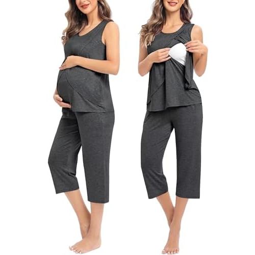 SWOMOG Women Maternity Pajama Set Nursing Pjs Double Layer Sleeveless Top Capri Pregnancy Set Breastfeeding Pjs with Pockets
