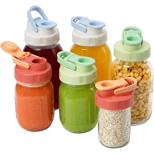 Soligt 6 Pack Colorful Mason Jar Lids, Regular Mouth Pour Spout Flip Cap Lids for Ball Brand Mason Jars, Leakproof, Portable & Refrigerator Safe (2 Gray Blue Lid, 2 Light Green, 2 Watermelon Red)