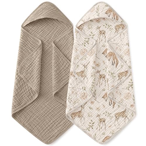 Yoofoss Hooded Baby Towels for Newborn 2 Pack 100% Muslin Organic Cotton Baby Bath Towel with Hood for Babies, Infant, Toddler and Kids, Large 32x32Inch, Soft and Absorbent Newborn Essential