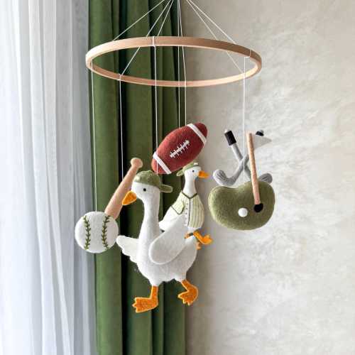 Sport Baby Mobile: Golf Baseball Football Vintage Nursery Decor with Silly Goose