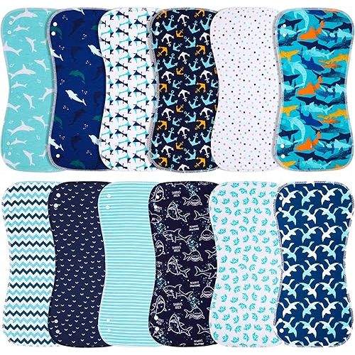 Baby Burp Cloths with Snap Large Size 3-Layers Thicken 100% Cotton Super Absorbent and Soft Baby Spit Up Burping Rags Baby Burp Cloth Set for Boys 12 Pack