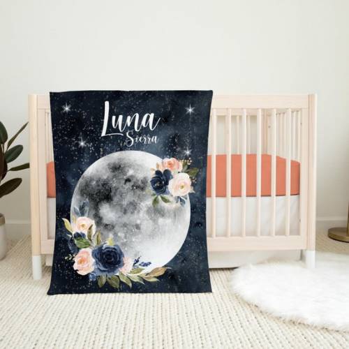 Luna Blanket Personalized Floral Moon Baby Blanket Newborn - Etsy