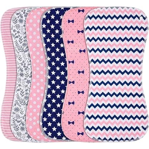 Baby Burp Cloths & Baby Bibs 2-in-1 Design Large Size 3 Layers Thicken 100% Cotton Super Absorbent and Soft Baby Spit Up Burping Rags Baby Burp Cloth Set for Girls 6 Pack
