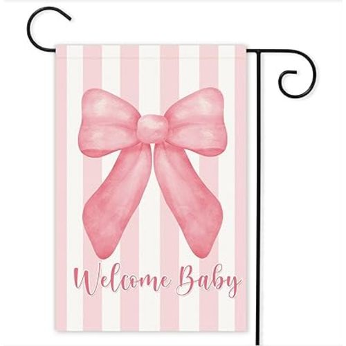 Pink Bow Welcome Baby Garden Flag, 12×18 Inch Double Sided Baby Shower Garden Flag, Pink Bow Party Yard Sign Outdoor Party Decoration