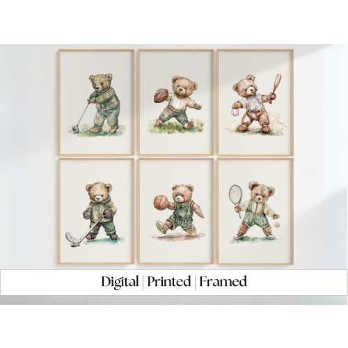 Set of 6 Vintage Teddy Bear Sports Wall Art, Babyshower Gift Boy, Watercolor Illustrations, Sports Nursery Theme Decor for Kids Room, Green