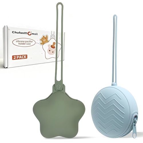 ChufanMomsil Silicone Pacifier Holder Case, Pacifier Holders Pouch for Diaper Bag, BPA Free Silicone Baby Pacifier Storage Case for Boy Girl, 2 Pack, Green + Blue